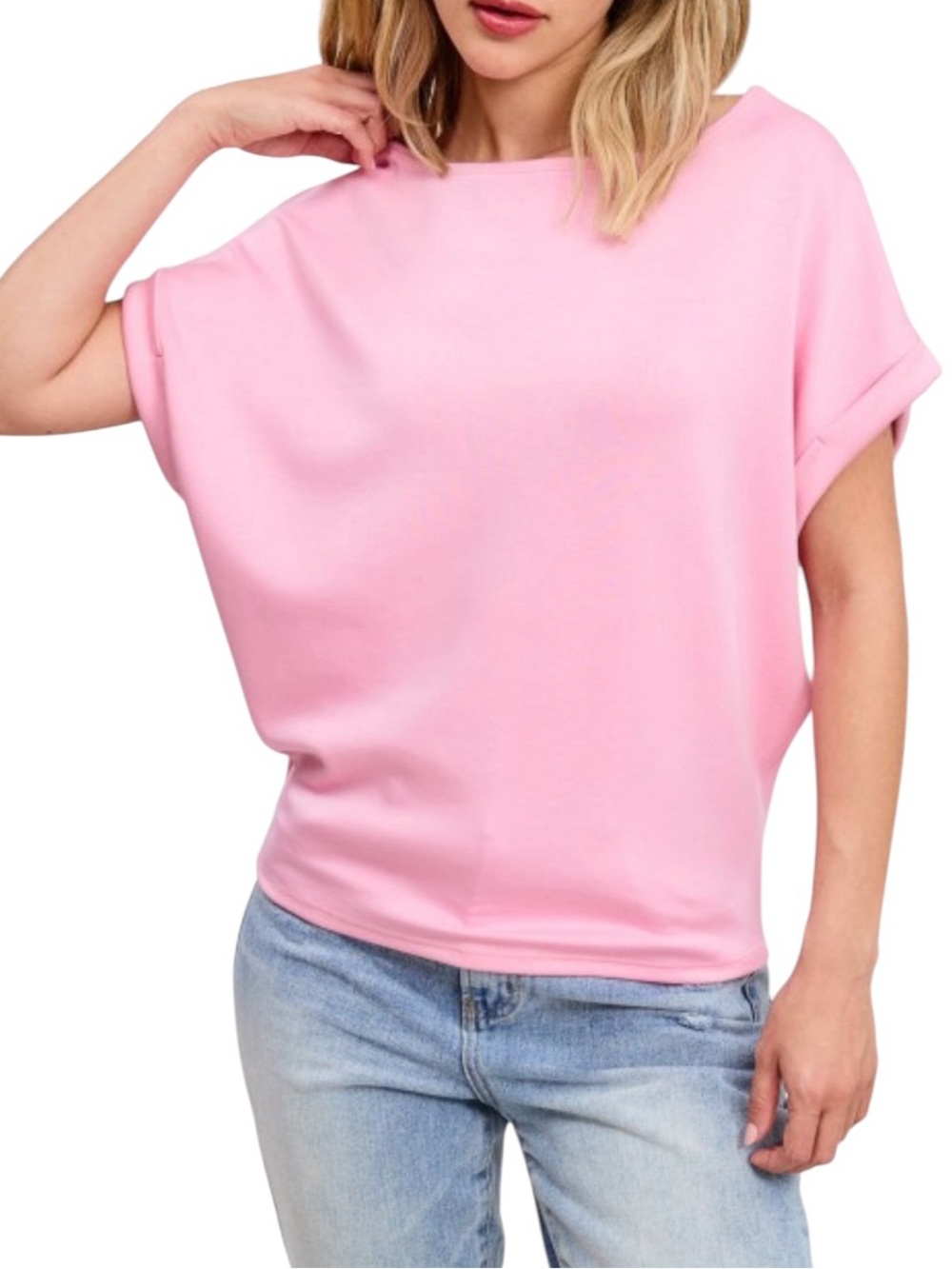 Women's Pink Modal Scuba Short Sleeve Cuff Sleeve Top NEW